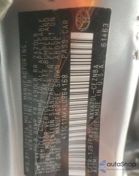 2020 Toyota Camry Le from USA, damaged, VIN 4T1C11AK4LU864168